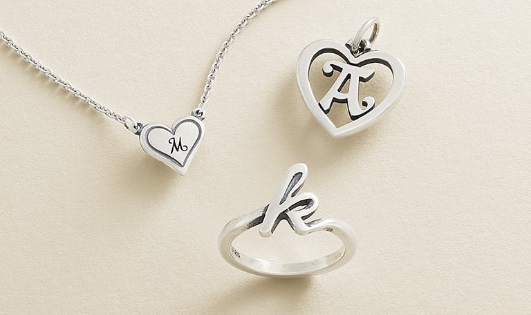 Sterling silver initials in necklaces, rings, and charms